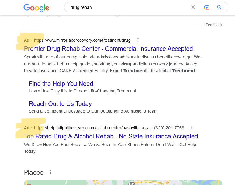 PPC / Pay Per click advertising top placement
