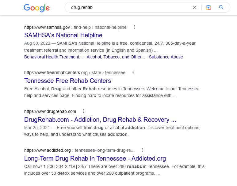 organic top 10 front page google search results drug rehabs